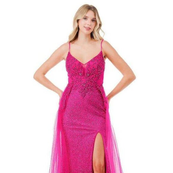 New Dazzling Rhinestones Embellished Chic Gown w/ Overskirt & Zip Back TC L2784F